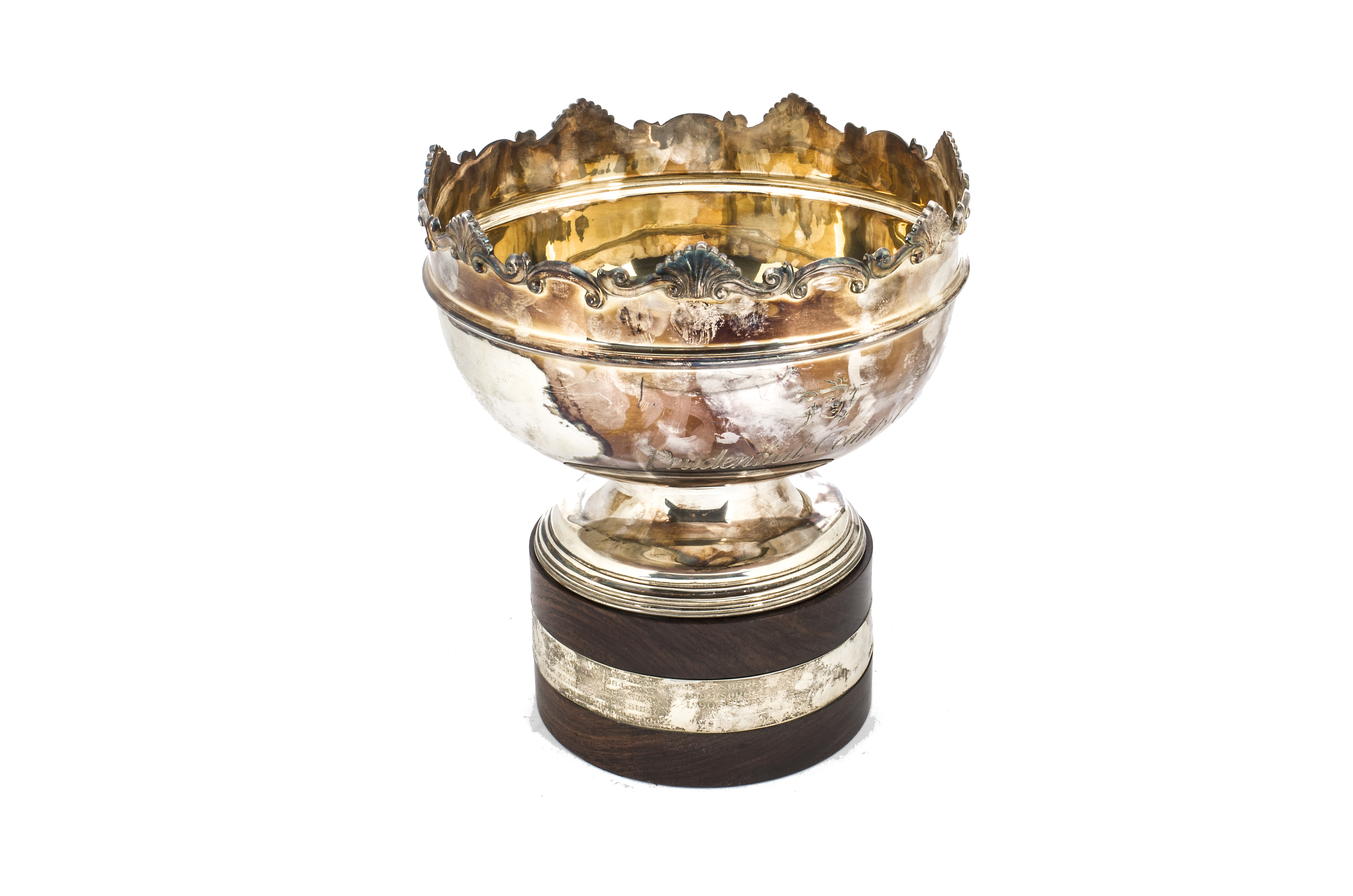 A 1970s silver trophy bowl, screwed to a circular wooden base with engraved band, Sheffield 1971