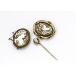 A 19th Century hardstone cameo stick pin, with carved head of bearded man together with two shell