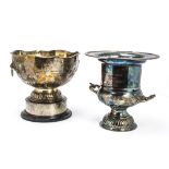 A vintage Sheffield plate presentation trophy bowl, on stand with white metal band engraved with