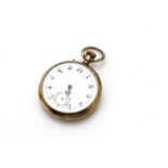 An early 20th Century continental gold open faced pocket watch, enamel dial with Arabic numerals and