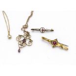 A 9ct gold art nouveau pendant, with later chain, a cubic zirconia solitaire drop pendant and