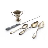 A George V small silver trophy, together with three Victorian silver spoons, 5.4 ozt, a silver