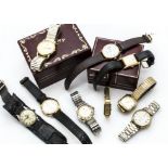 A group of watches, including a gold plated Art Deco style Bulova, lacks winder, a 9ct gold