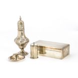 An Art Deco silver cigarette box, together with a silver sugar sifter, a silver cigar rest and a
