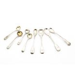 A collection of George III and later small silver serving spoons, for mustard, salt and teaspoons,