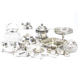 A collection of Victorian and later silver plated items, including a biscuit barrel, a glass and