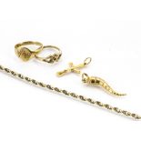 A small quantity of gold, including two gold rings, a rope twist necklace and two gold charms, 10g