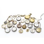 Twenty pocket watches, all in base metals, with examples from the late 19th Century through to