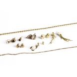 A collection of miscellaneous 9ct gold, including two chains, a pair of gold earrings, various