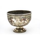 A Victorian silver plated trophy bowl, having raised floral decoration and vignette scene of cricket