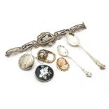 A small collection of silver and plated items, including an Egyptian niello enamel bracelet, a
