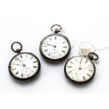 Three Victorian period silver open faced pocket watches, one marked C. Schwerer Abardare, another by