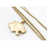 A 9ct gold panther pendant, together with three 9ct gold chains, 15g