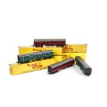 Tri-ang TT Gauge BR green and maroon Suburban Coaches with round windows and Utility Vans, maroon