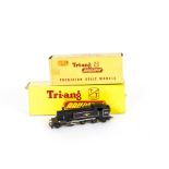 A pair of Tri-ang TT Gauge T99 BR black 2-6-2 Tank Locomotive, one with open spoked wheels, in