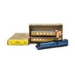 A Dinky Toys 16 Express Passenger Set, blue/black loco, 'LNER', brown/grey coaches, black tyres,