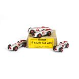 Dinky Toys 23a Racing Cars, four examples, all third casting, silver body, red nose circle, top