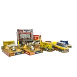 Dinky Toys 784 Goods Train Set, 296 Luxury Coach, 295 Atlantean Bus (2), 297 Jubilee Bus, 111