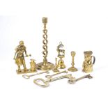 A collection of mostly 20th Century brassware, including a group of keys, a pair of candlesticks