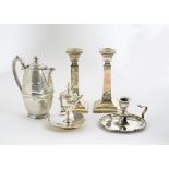 A collection of metalware, including a pewter coffee pot, with studded band, 19 cm high; a pair of