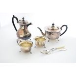 A collection of silver plate, including a tea set comprising teapot, sugar bowl and milk jug, teapot