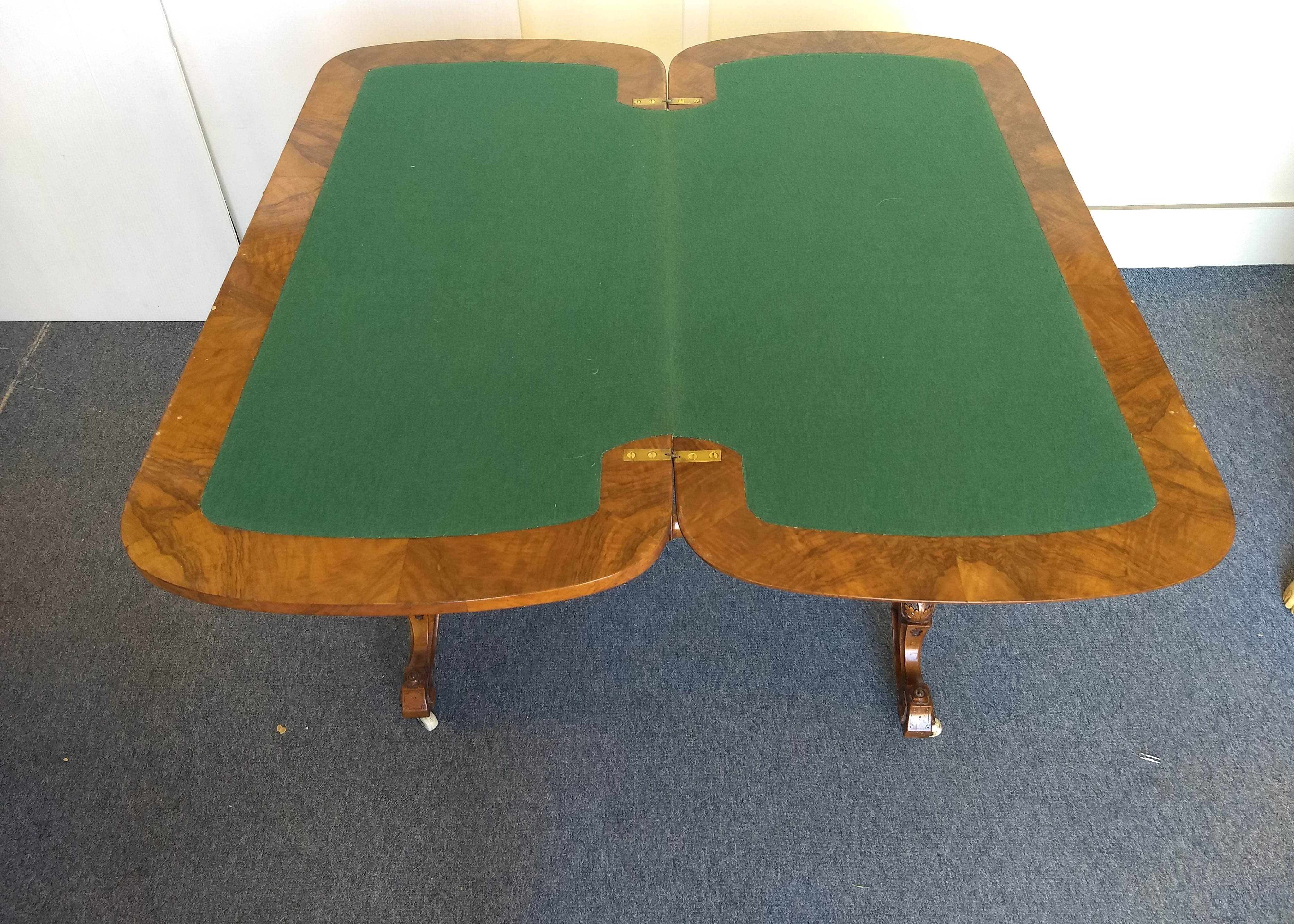 A Victorian burr walnut and inlaid card table, quarter veneered top with scroll inlay, hinged and - Image 3 of 3