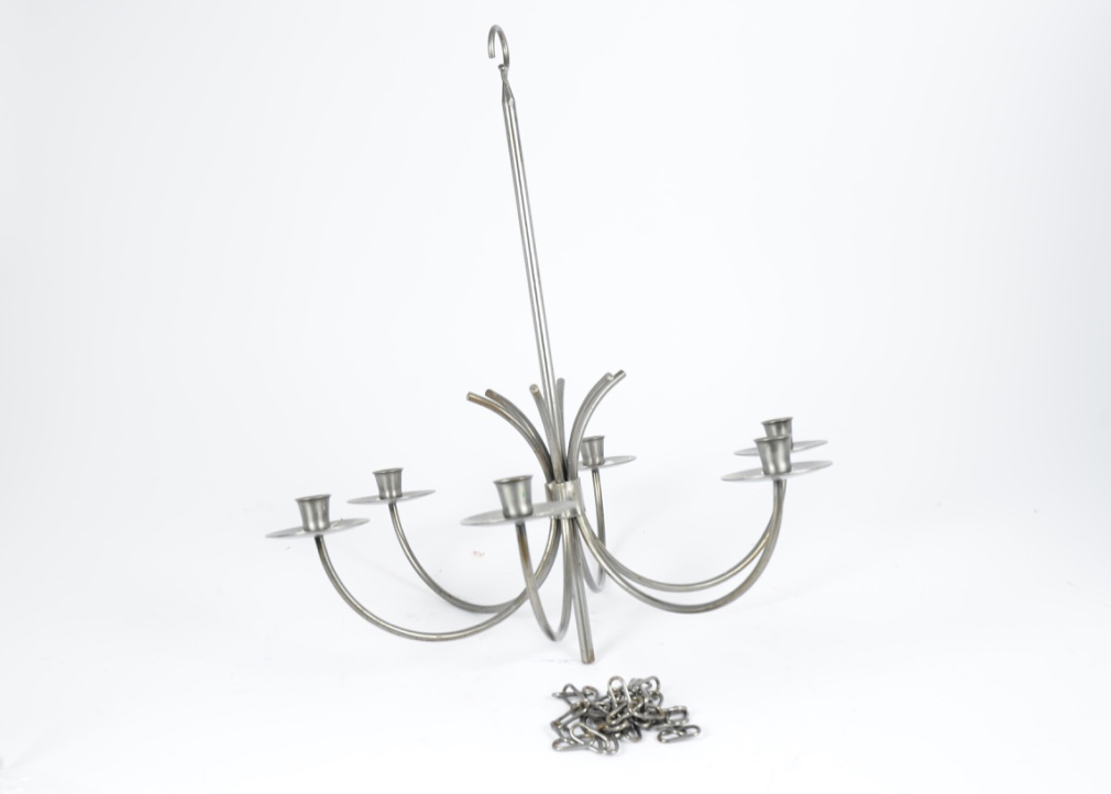 A modern steel chandelier, six curved branches, circular drip pans, 54 cm high, together with