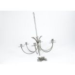A modern steel chandelier, six curved branches, circular drip pans, 54 cm high, together with