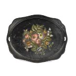 A 19th Century Russian painted toleware twin-handled tray, decorated with flowers, shaped outline,