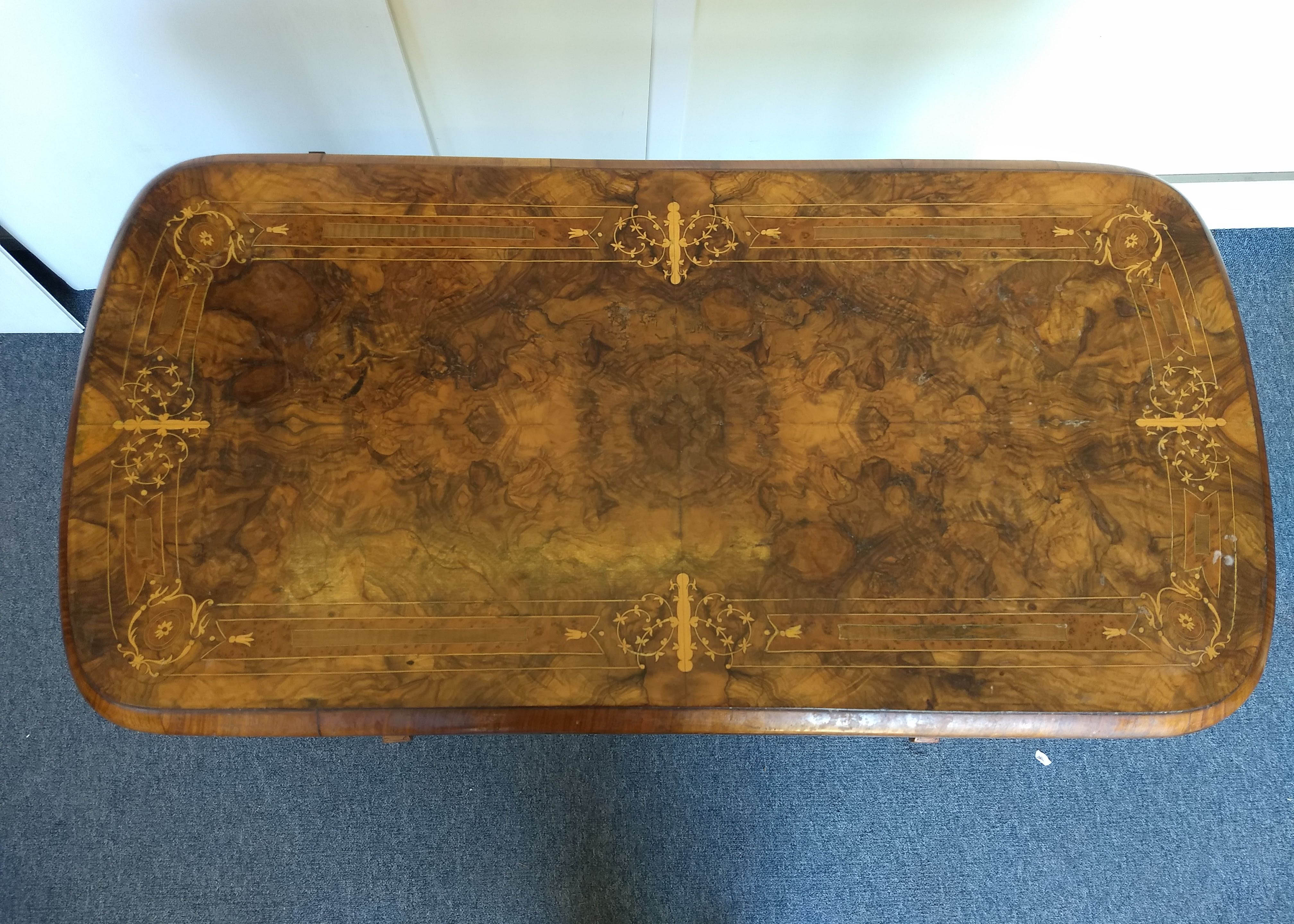 A Victorian burr walnut and inlaid card table, quarter veneered top with scroll inlay, hinged and - Image 2 of 3