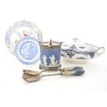 A large selection of 20th Century ceramics, including a Jasperware biscuit tin, bowl and serves, a