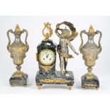 A French three piece verde antico marble and ormolu mounted clock garniture, comprising clock with