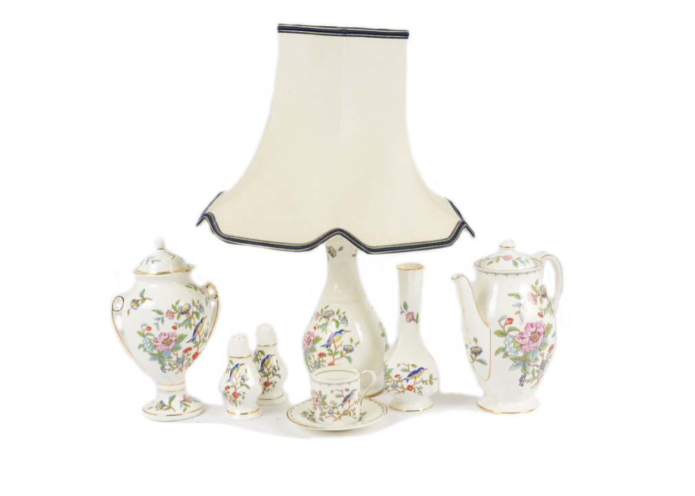 A collection of Aynsley 'Pembroke' pattern porcelain, including lamp, vases, coffee cans and