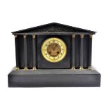 A slate mantle clock, classical temple form on plinth base, eight day movement, circular dial with