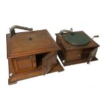 Two hornless gramophones, a Pathéphone in oak case (no tone-arm, soundbox or winder) and another