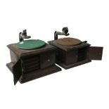 Two hornless gramophones, HMV: Model 1, with No. 2 soundbox (motor defective, winder replaced); a