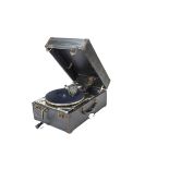 A portable gramophone, Decca Model 130, with No 8 soundbox and divided internal horn (motor runs,