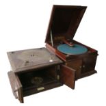 Two gramophones, for restoration: a Broadwood table grand with wood tone-arm, in mahogany case