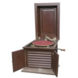 A table grand gramophone, un-named, in unusual mahogany case with panelled doors and lid,