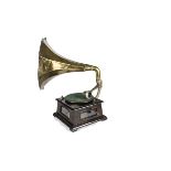 A horn gramophone, Unic, with glazed side panels, brass horn and later Paillard soundbox, probably