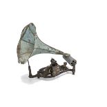 A Puck phonograph. on lyre base, with (rusted) blue flower horn (lacking diaphragm, stylus and