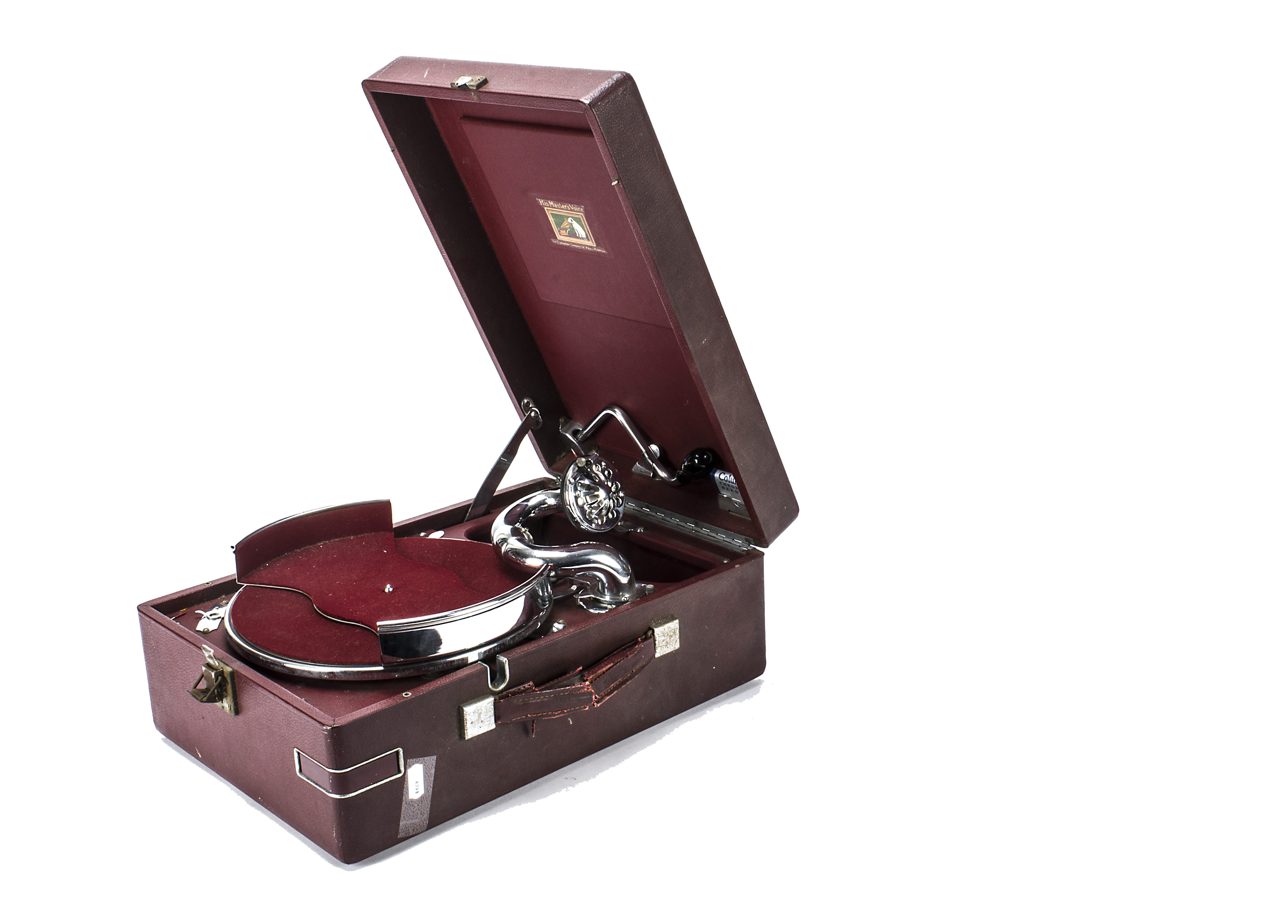 A portable gramophone, HMV model R102C, with 5 B soundbox, in red case with record tray, 1939 (motor