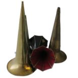 Phonograph horns, three brass witch's hat, 22 -29 in long; a replica Fireside horn; and a replica