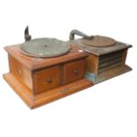 Two hornless gramophones, HMV Model 3, in light oak case, suplied by Sn. Rose & Co, Bombay, with