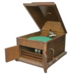 A table grand gramophone, HMV Model VIII, in oak case, 1910 (no soundbox, tone-arm joint loose,