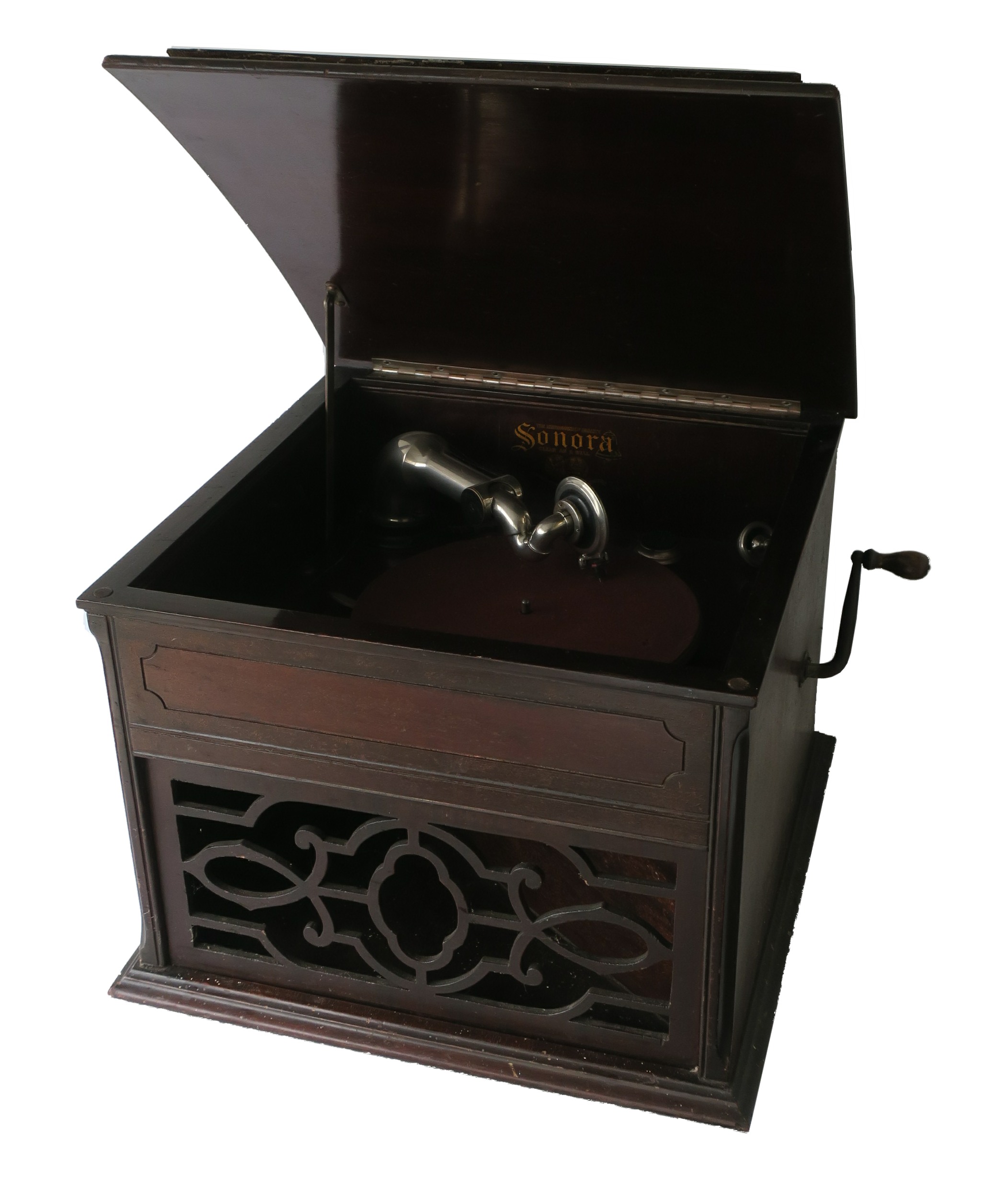 A table grand gramophone, Sonora, with Sonora soundbox on lateral/vertical cut tone-arm, in mahogany