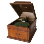 A table grand gramophone, HMV Model VIII, with USA Exhibition soundbox, in oak case with 1910