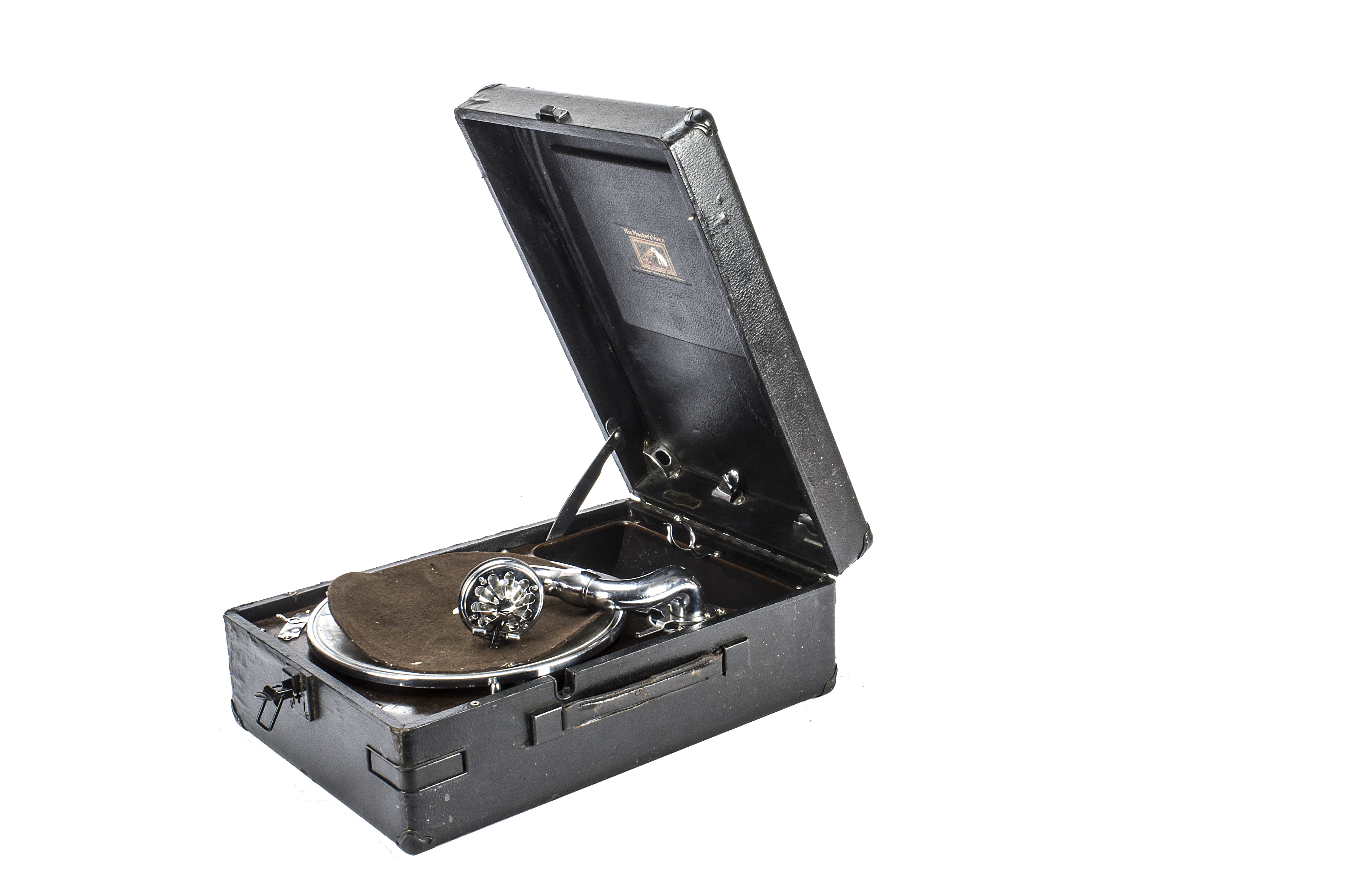 A portable gramophone, HMV Model 102, early model with Universal automatic brake and later 5B