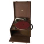 A portable gramophone, Pathé with Pathé soundbox on tone-arm wit lateral/vertical neck, in brown
