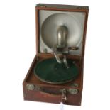 A portable gramophone, Decca Style 3, 1920, in leather case, now with Telesmatic soundbox (motor